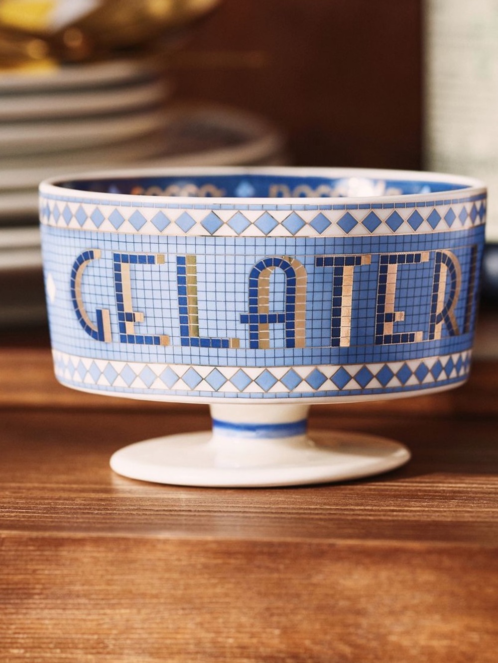 Anthropologie Bistro Tile Stoneware 24k Gold Accent Italia Gelato Bowl Ice Cream - Picture 9 of 9